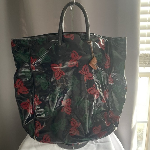 Bottega Veneta Vinyl-Coated "Butterflies" Shoulder Bag Navy Blue Red Green Tote - Picture 1 of 16
